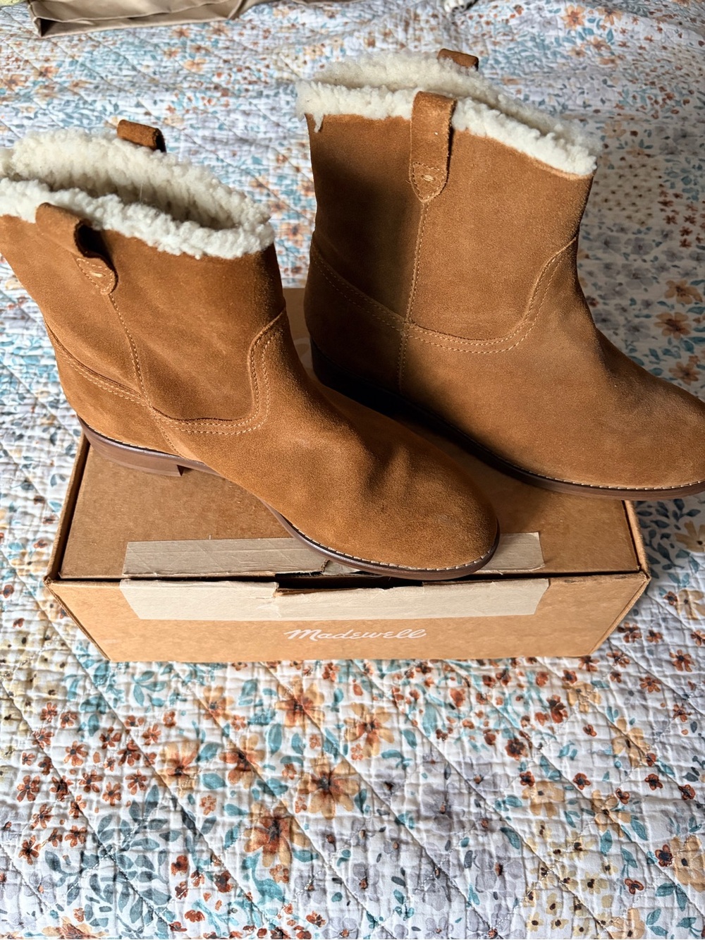 Madewell Chestnut Suede Shearling-Trim Ankle Boots